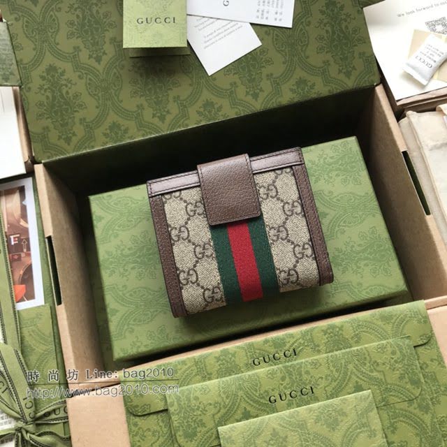Gucci原厂皮包包 古驰男女GG印花红绿织带翻盖短款钱包 Gucci短夹零钱包 523173  gdj1733